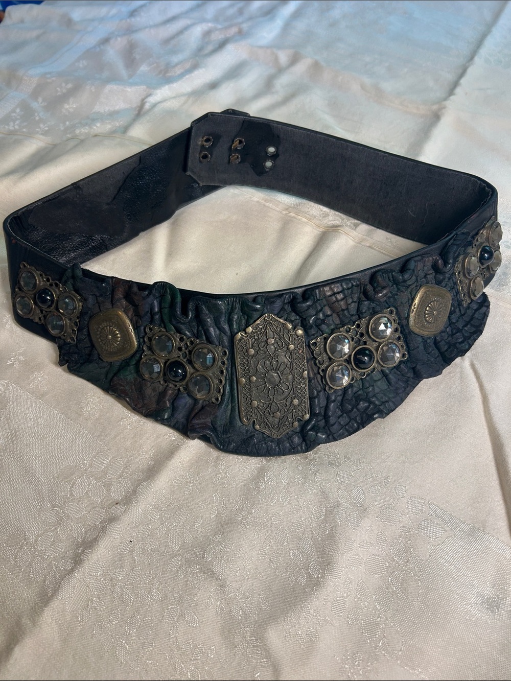 NINA ARJANI Vintage Embellished Black Leather Waist Belt